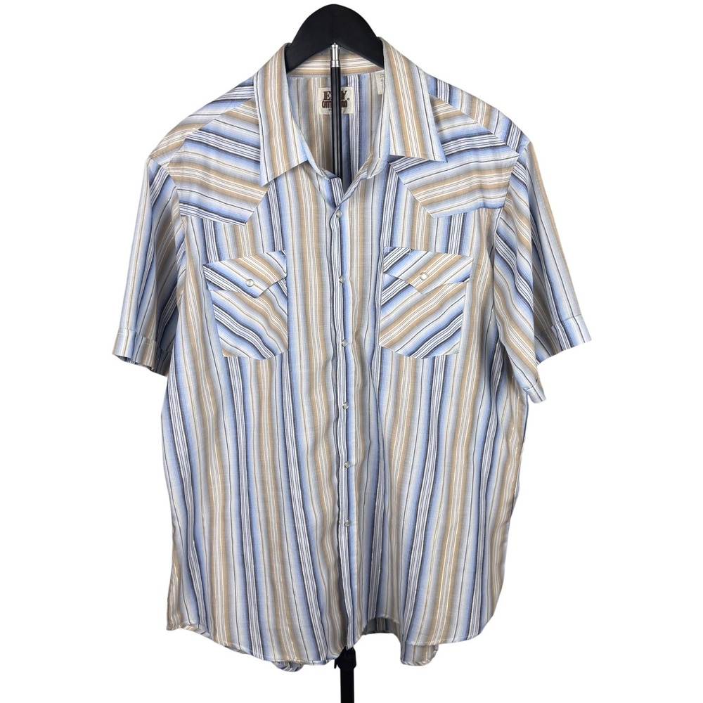 Ely Cattleman Mens XL Western Pearl Snap Shirt Blue Tan Striped Metallic 202661
